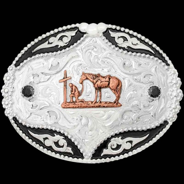 Praying Cowboy Belt Buckle (In Stock), Praying Cowboy buckle on-time for your event or outfit! Order in-stock buckles and get same-day or next-day shipping. This buckle is built on a German Silv